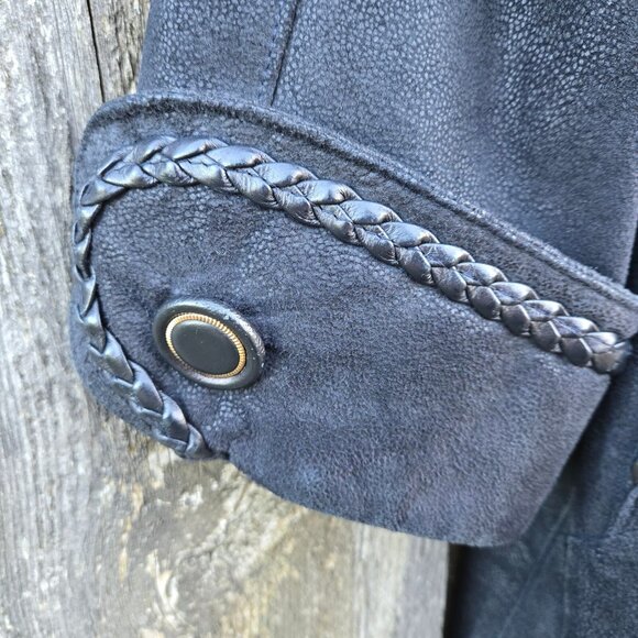 Vintage Black Leather Trench Coat jacket Womens Size L Braided Trim Mid Length - Picture 5 of 14